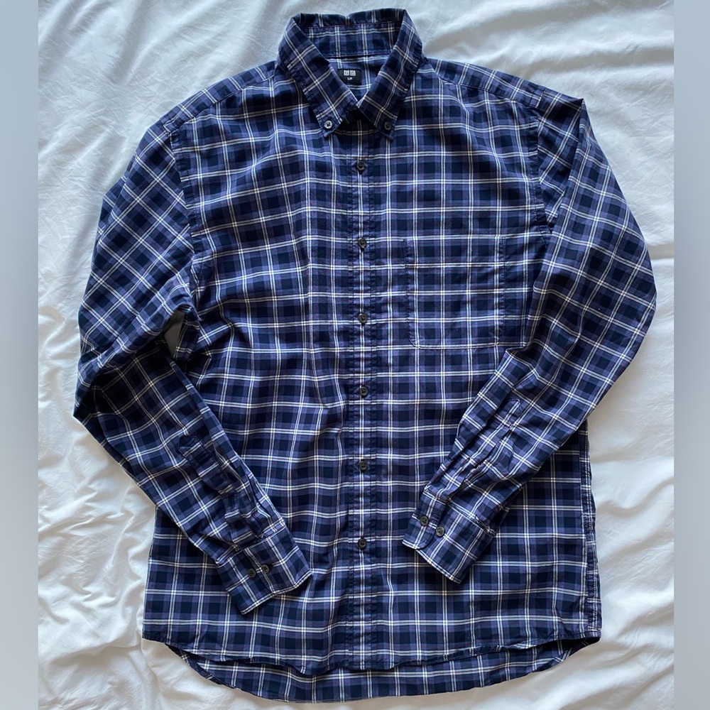 UNIQLO Blue Casual Button Down Shirt with Plaid Pattern